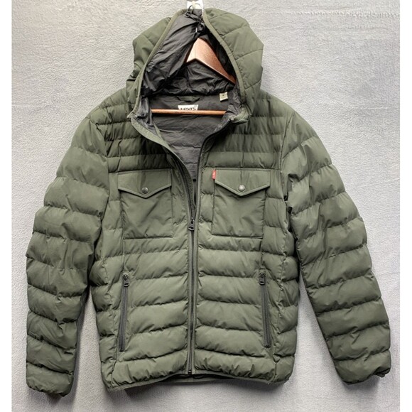 Levi's Mens Hooded 2 Chest Pocket Quilted Puffer Jacket Army Green Size Medium - Picture 1 of 16